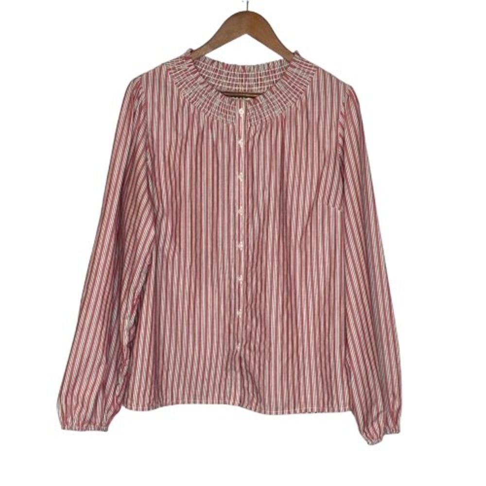 Boden Mae Cotton Smocked Blouse Womens Size 14 Red Striped Peasant Top Boho